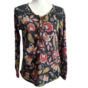 Paisley Floral Lace Long Sleeve Womens Blouse‎ Size Medium Henley Casual Top